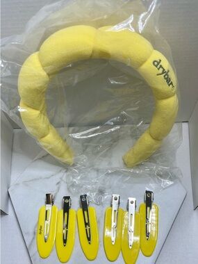 🆕 DRYBAR  Yellow Padded Headband in package with 6 Matching Hair Clips